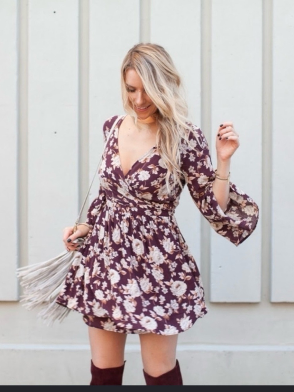 American Eagle Outfitters Plum Floral Wrap Mini Dress